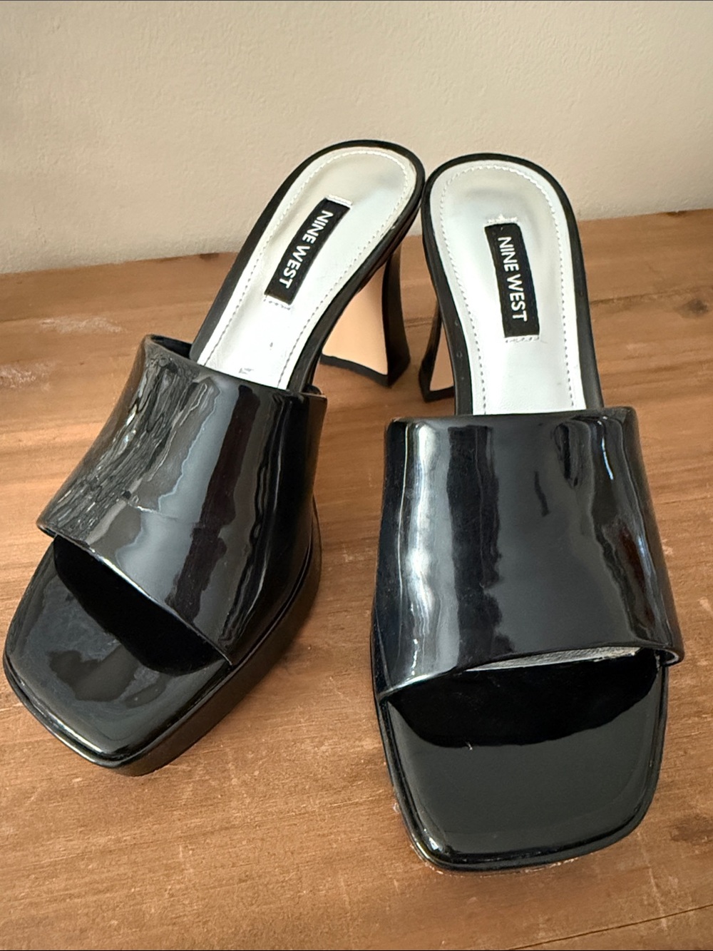 Nine West Black Patent Open-Toe Mule Heels